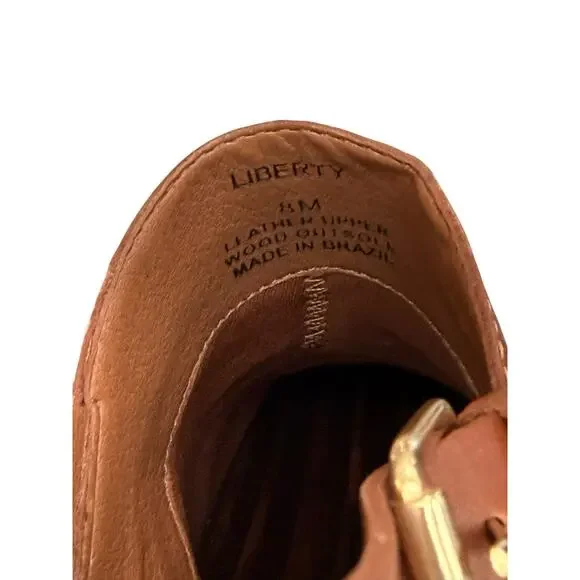 Matisse Brown Leather Platform Clogs LIBERTY Gold Studded Wood Heel Mule Size 8M - Picture 10 of 13